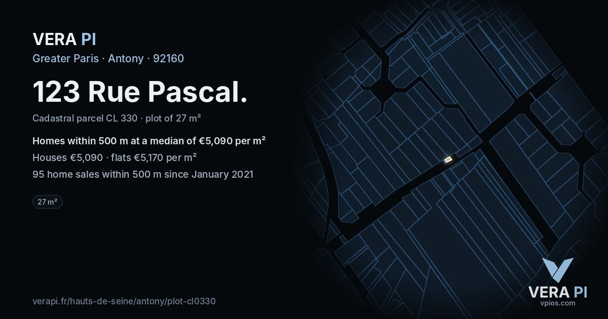 123 Rue Pascal, Antony at night – the plot lit, the parcels around coloured by the prices near them
