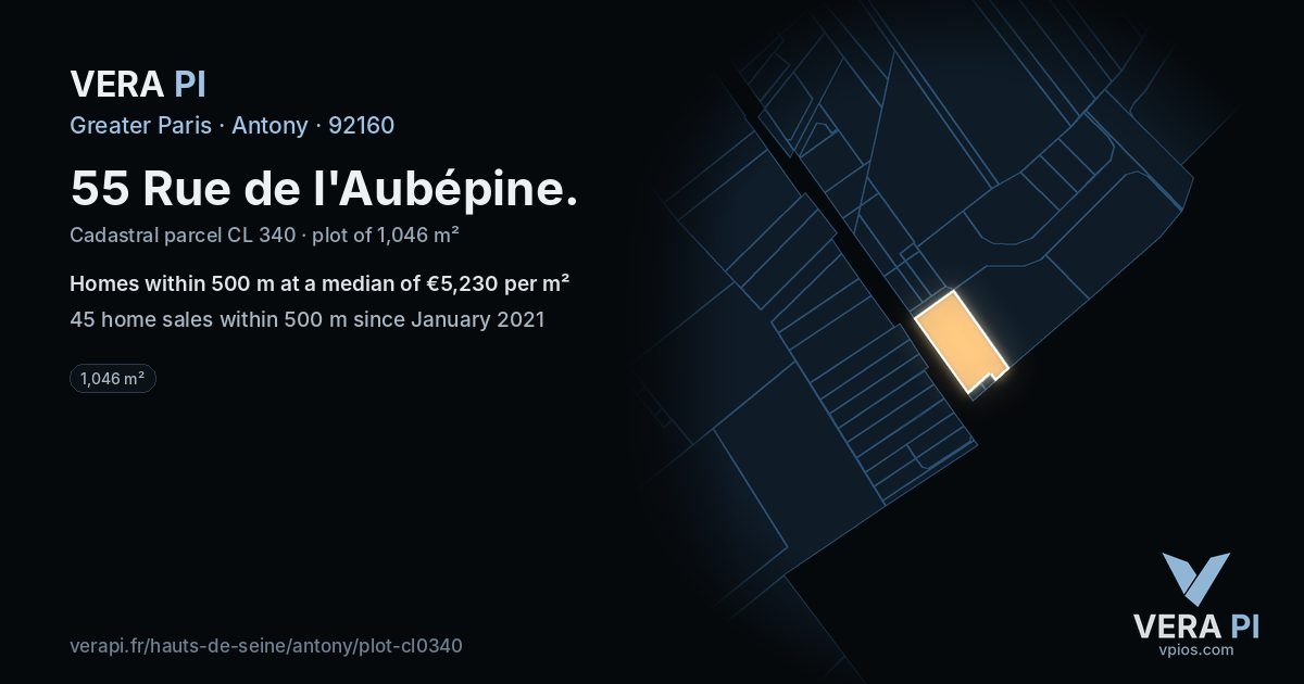 55 Rue de l'Aubépine, Antony at night – the plot lit, the parcels around coloured by the prices near them