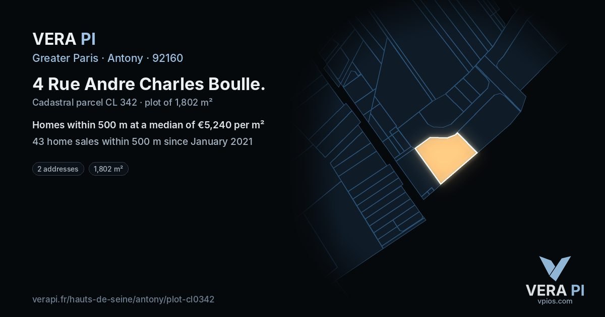 4 Rue Andre Charles Boulle, Antony at night – the plot lit, the parcels around coloured by the prices near them