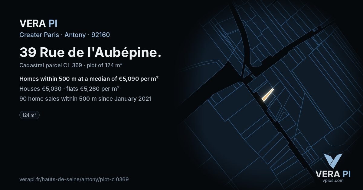39 Rue de l'Aubépine, Antony at night – the plot lit, the parcels around coloured by the prices near them