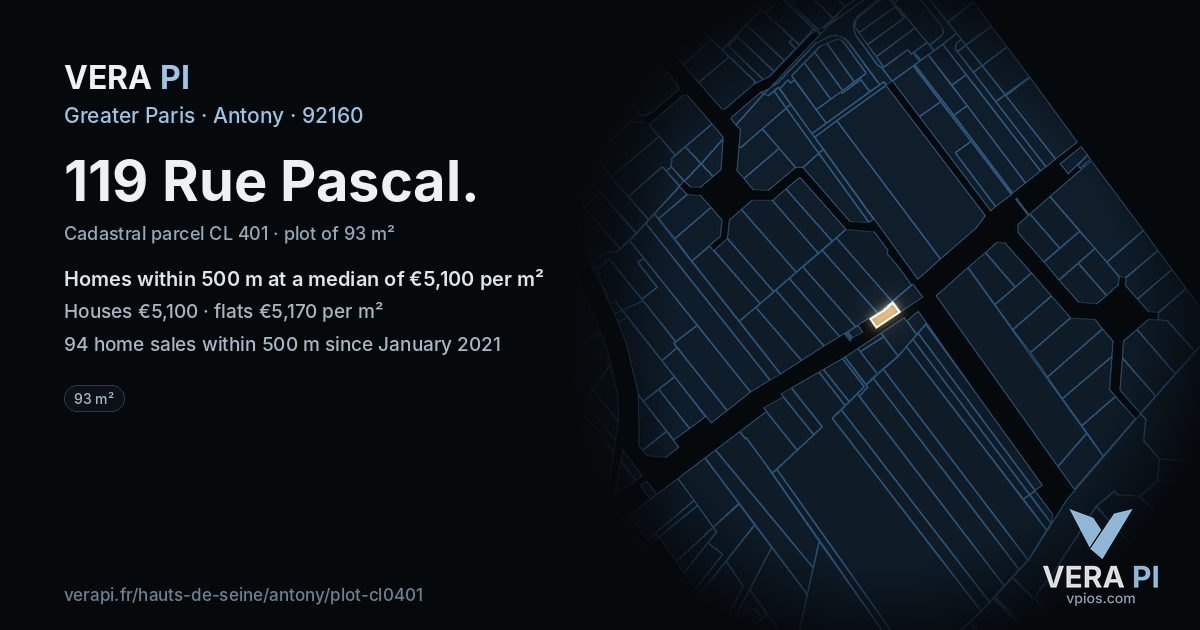 119 Rue Pascal, Antony at night – the plot lit, the parcels around coloured by the prices near them