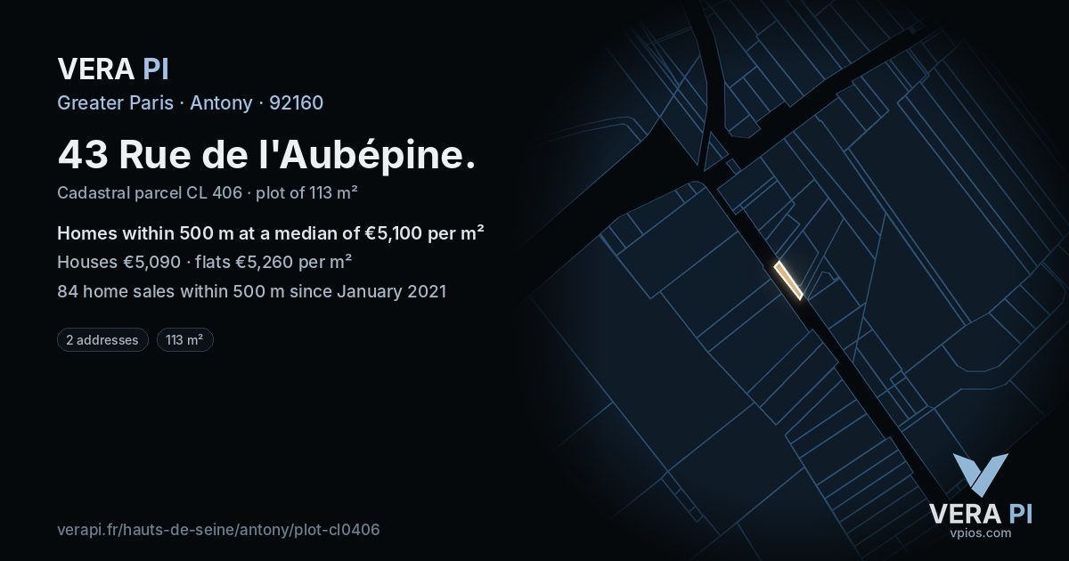 43 Rue de l'Aubépine, Antony at night – the plot lit, the parcels around coloured by the prices near them