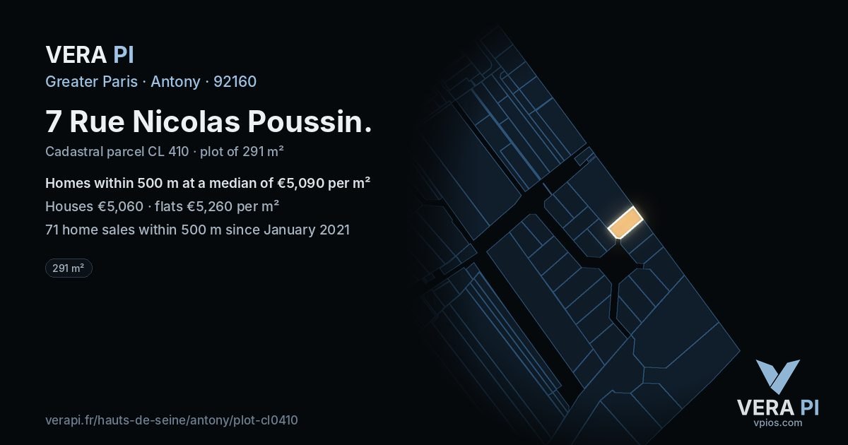 7 Rue Nicolas Poussin, Antony at night – the plot lit, the parcels around coloured by the prices near them