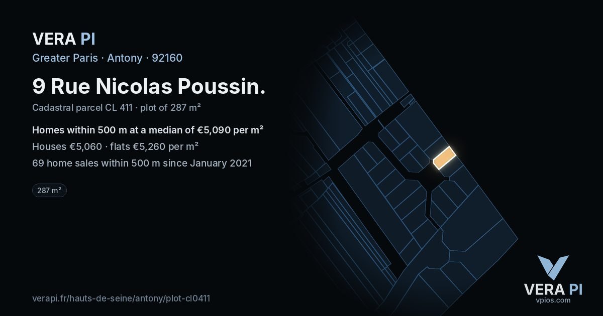 9 Rue Nicolas Poussin, Antony at night – the plot lit, the parcels around coloured by the prices near them