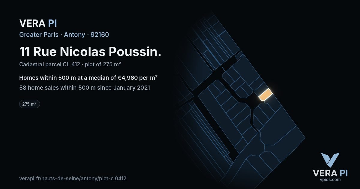 11 Rue Nicolas Poussin, Antony at night – the plot lit, the parcels around coloured by the prices near them