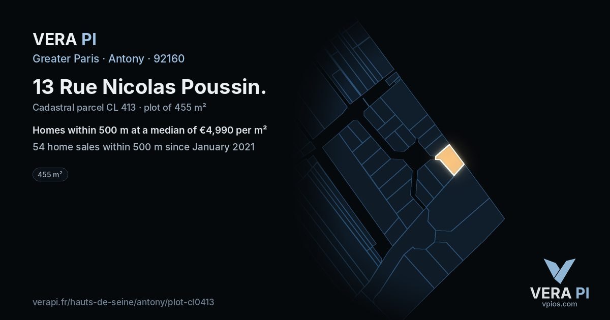 13 Rue Nicolas Poussin, Antony at night – the plot lit, the parcels around coloured by the prices near them