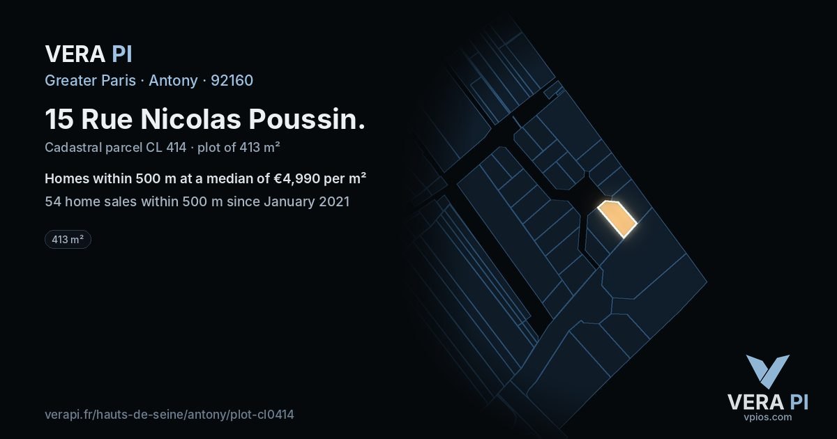 15 Rue Nicolas Poussin, Antony at night – the plot lit, the parcels around coloured by the prices near them
