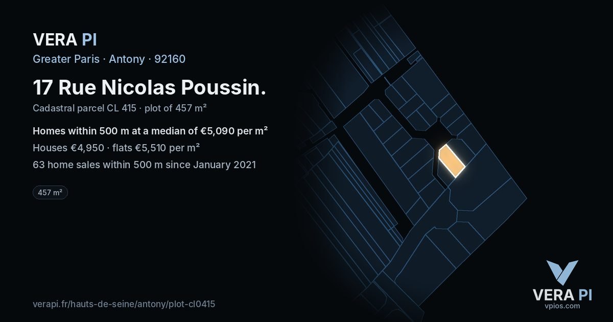 17 Rue Nicolas Poussin, Antony at night – the plot lit, the parcels around coloured by the prices near them