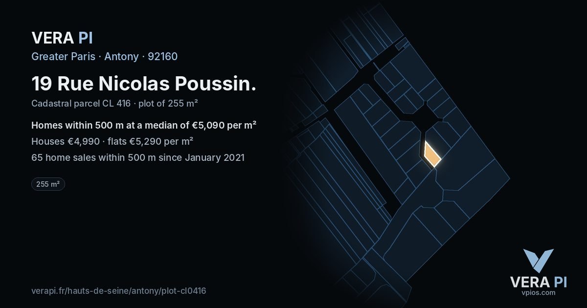 19 Rue Nicolas Poussin, Antony at night – the plot lit, the parcels around coloured by the prices near them