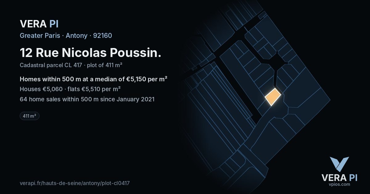 12 Rue Nicolas Poussin, Antony at night – the plot lit, the parcels around coloured by the prices near them