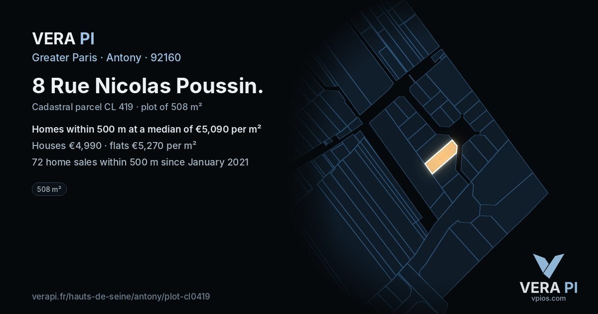 8 Rue Nicolas Poussin, Antony at night – the plot lit, the parcels around coloured by the prices near them