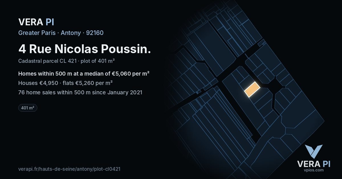 4 Rue Nicolas Poussin, Antony at night – the plot lit, the parcels around coloured by the prices near them