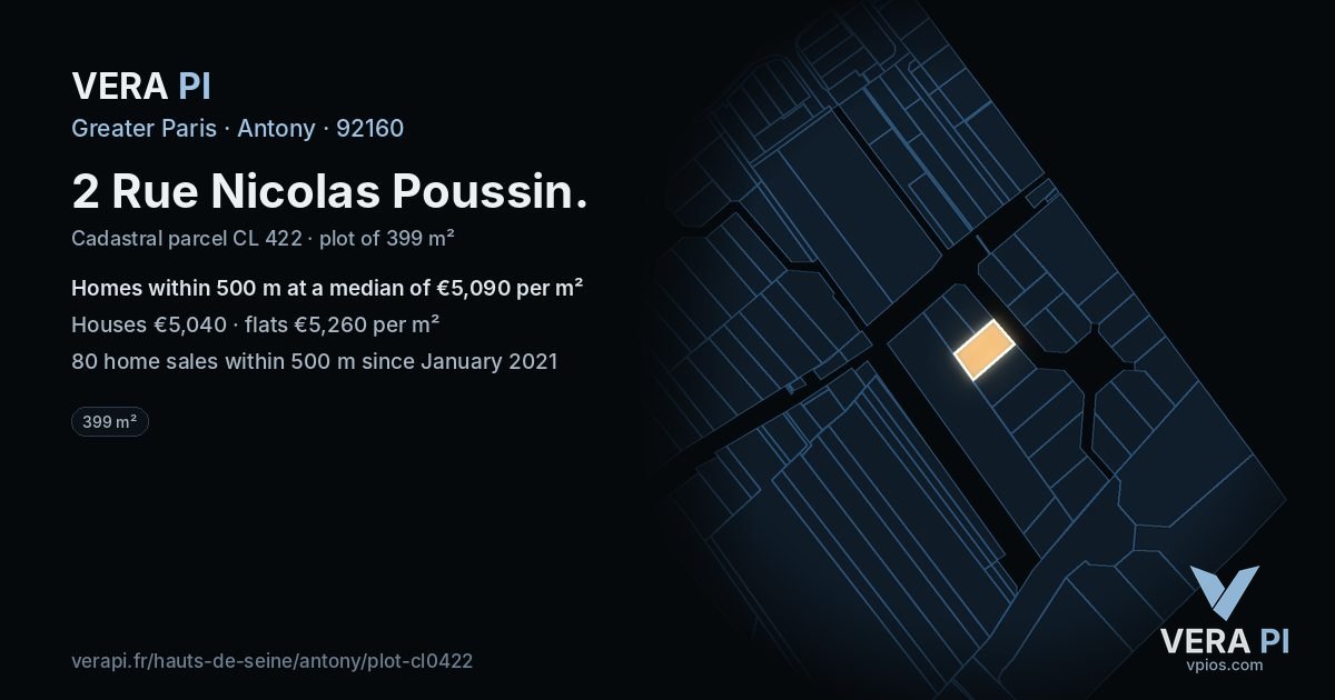 2 Rue Nicolas Poussin, Antony at night – the plot lit, the parcels around coloured by the prices near them