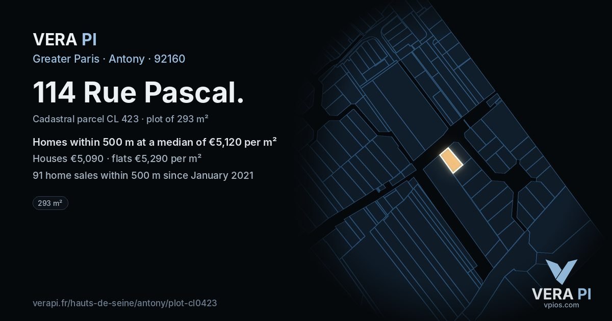114 Rue Pascal, Antony at night – the plot lit, the parcels around coloured by the prices near them