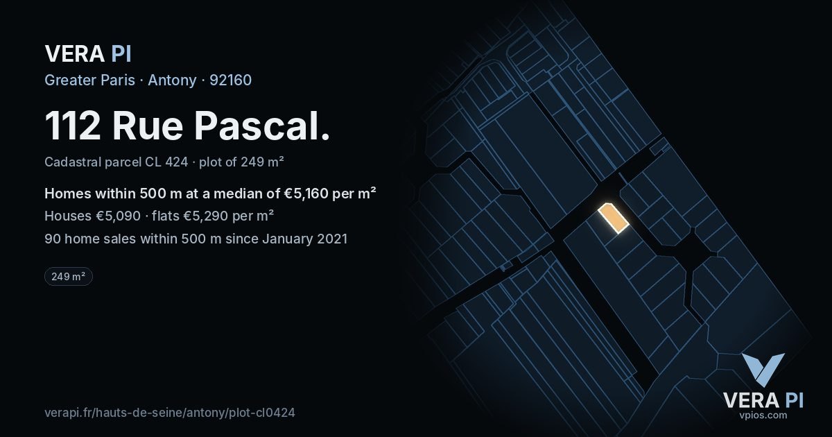 112 Rue Pascal, Antony at night – the plot lit, the parcels around coloured by the prices near them