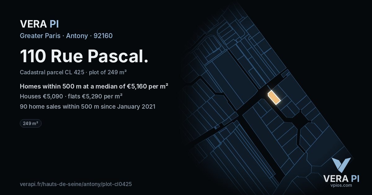 110 Rue Pascal, Antony at night – the plot lit, the parcels around coloured by the prices near them