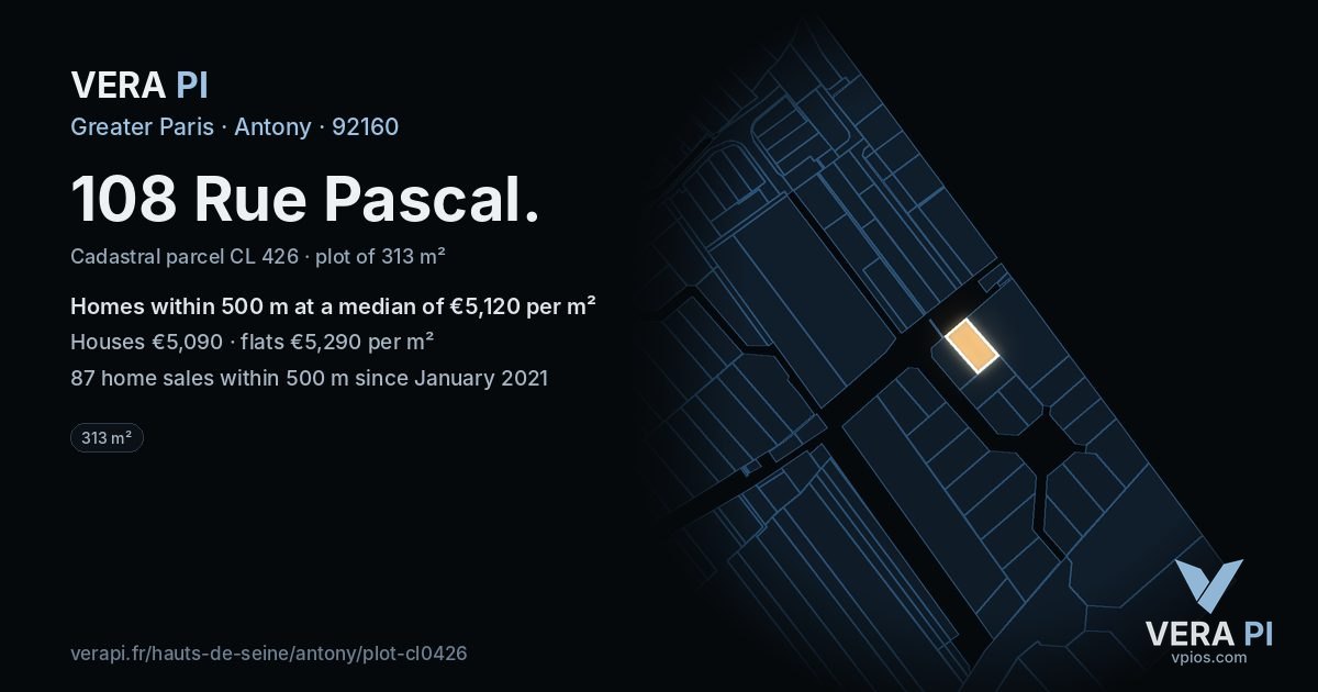 108 Rue Pascal, Antony at night – the plot lit, the parcels around coloured by the prices near them