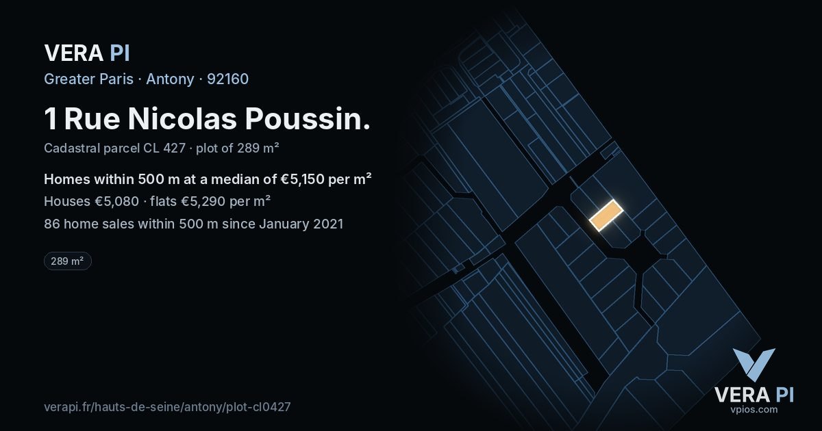 1 Rue Nicolas Poussin, Antony at night – the plot lit, the parcels around coloured by the prices near them