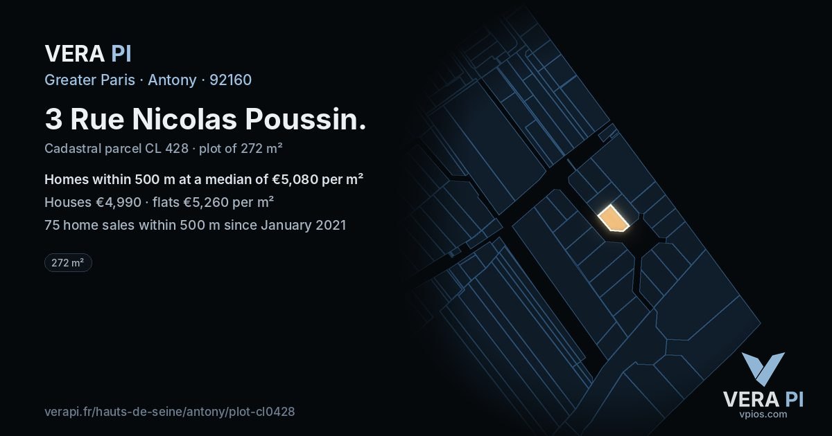 3 Rue Nicolas Poussin, Antony at night – the plot lit, the parcels around coloured by the prices near them