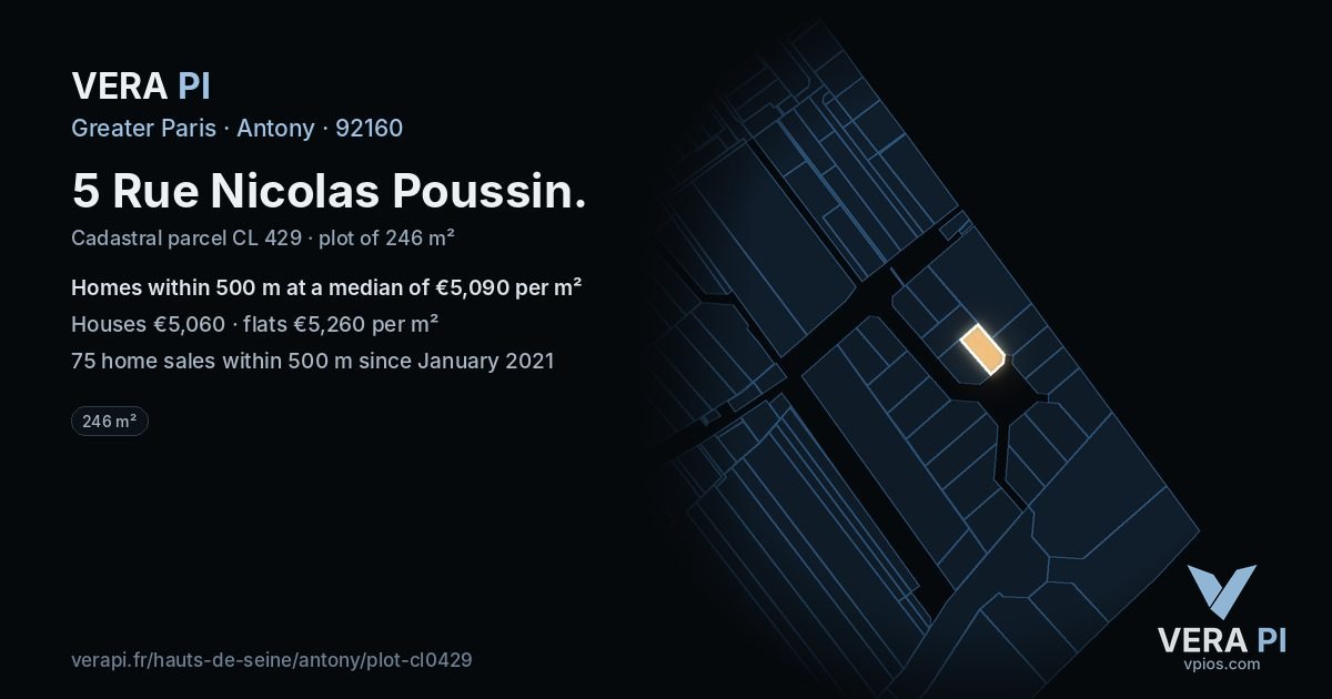 5 Rue Nicolas Poussin, Antony at night – the plot lit, the parcels around coloured by the prices near them