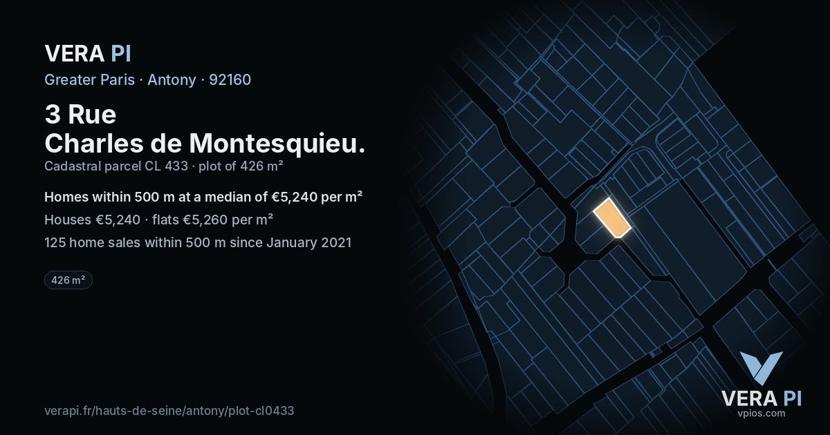 3 Rue Charles de Montesquieu, Antony at night – the plot lit, the parcels around coloured by the prices near them