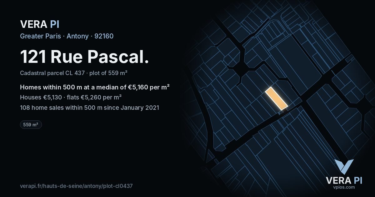 121 Rue Pascal, Antony at night – the plot lit, the parcels around coloured by the prices near them