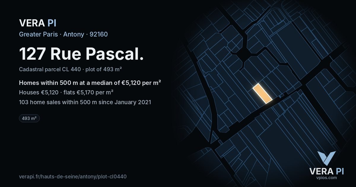 127 Rue Pascal, Antony at night – the plot lit, the parcels around coloured by the prices near them