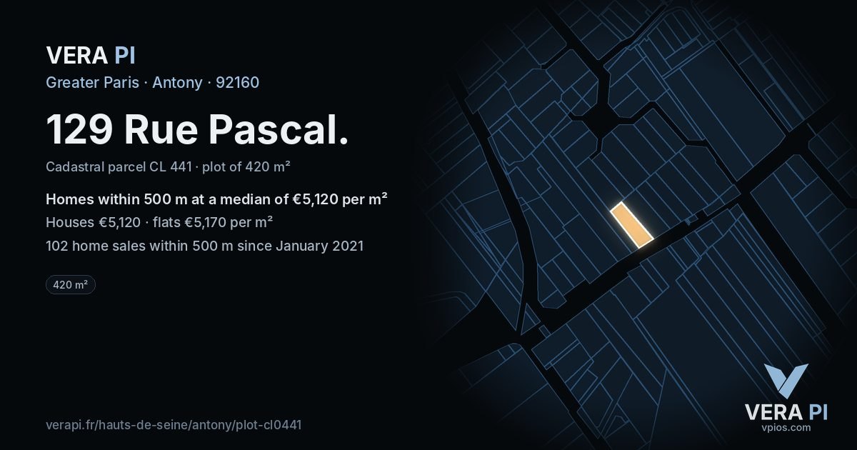 129 Rue Pascal, Antony at night – the plot lit, the parcels around coloured by the prices near them