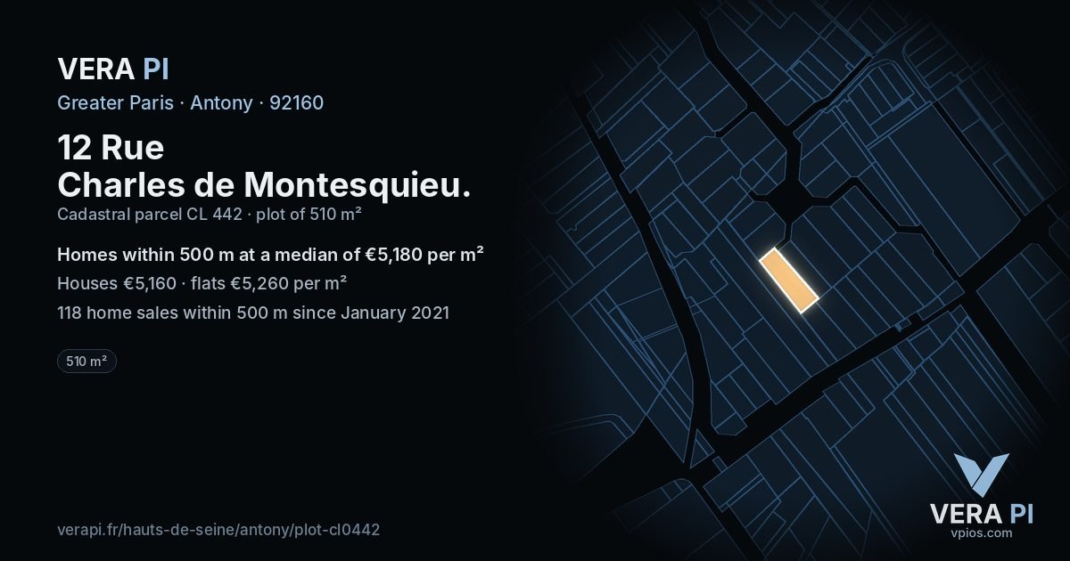12 Rue Charles de Montesquieu, Antony at night – the plot lit, the parcels around coloured by the prices near them