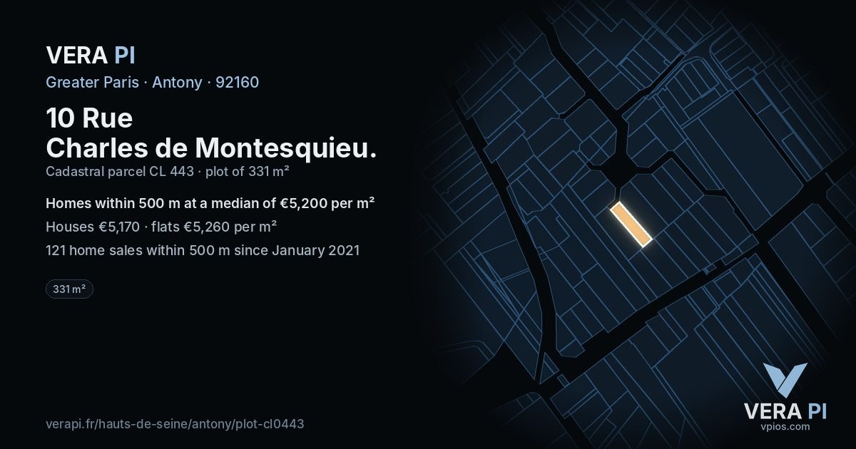 10 Rue Charles de Montesquieu, Antony at night – the plot lit, the parcels around coloured by the prices near them