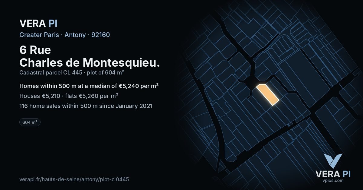 6 Rue Charles de Montesquieu, Antony at night – the plot lit, the parcels around coloured by the prices near them