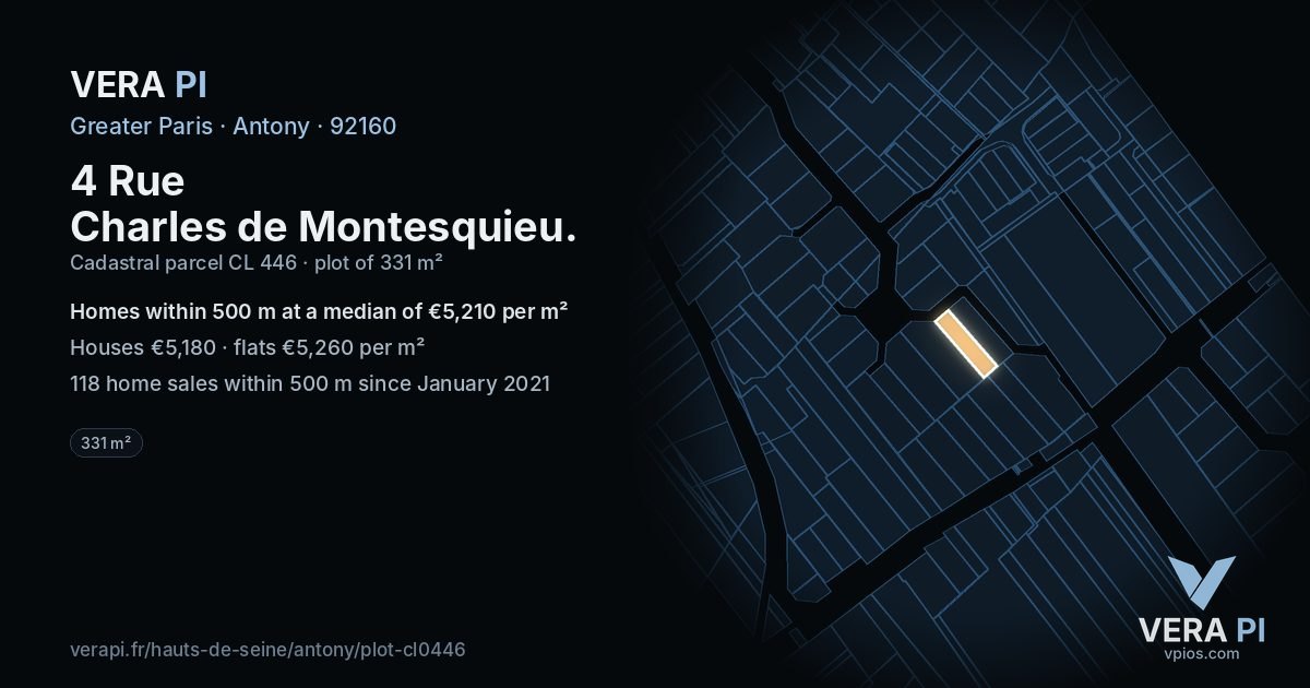 4 Rue Charles de Montesquieu, Antony at night – the plot lit, the parcels around coloured by the prices near them