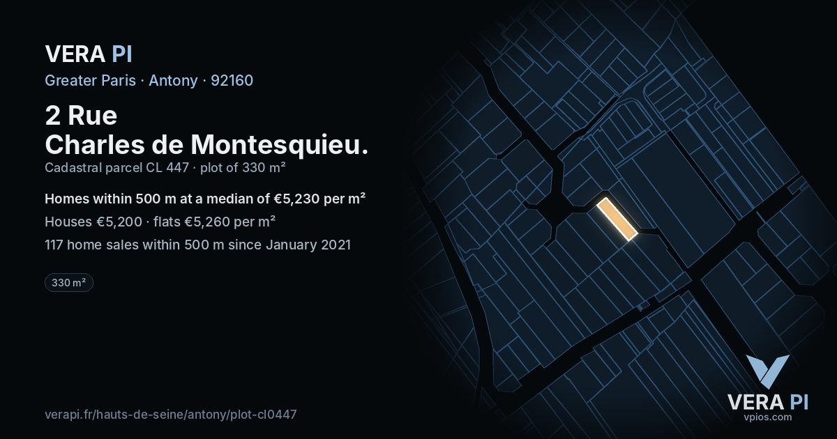 2 Rue Charles de Montesquieu, Antony at night – the plot lit, the parcels around coloured by the prices near them