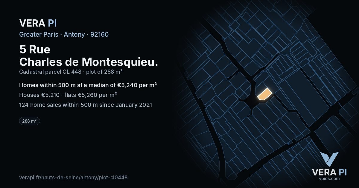5 Rue Charles de Montesquieu, Antony at night – the plot lit, the parcels around coloured by the prices near them