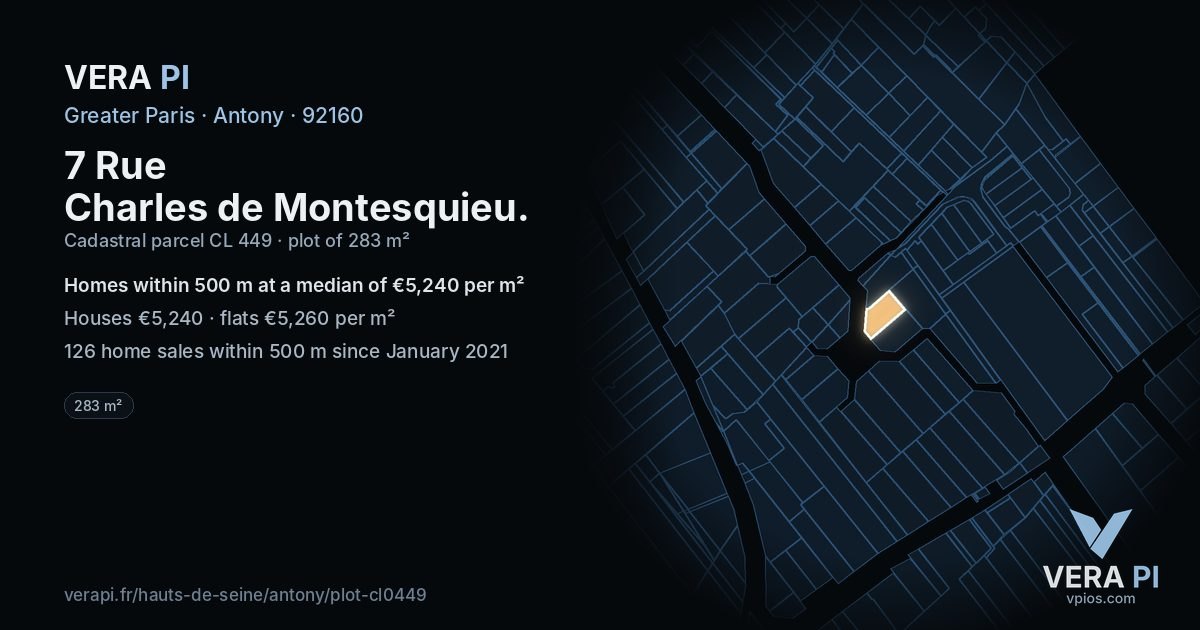 7 Rue Charles de Montesquieu, Antony at night – the plot lit, the parcels around coloured by the prices near them