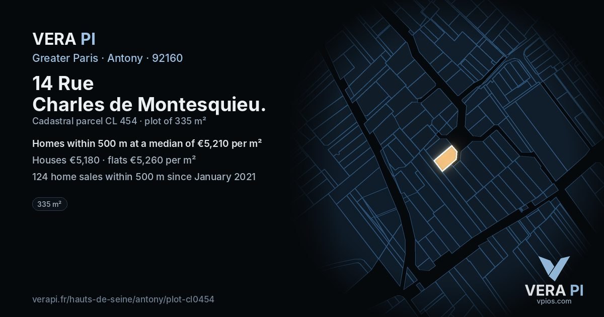 14 Rue Charles de Montesquieu, Antony at night – the plot lit, the parcels around coloured by the prices near them