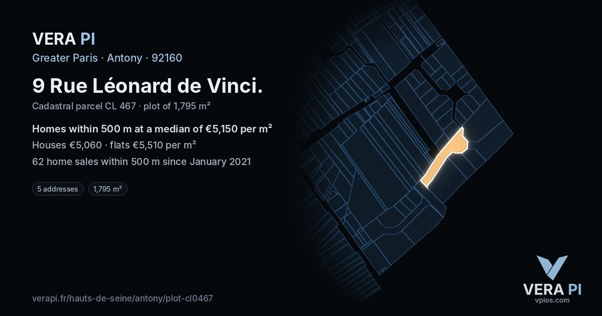 9 Rue Léonard de Vinci, Antony at night – the plot lit, the parcels around coloured by the prices near them