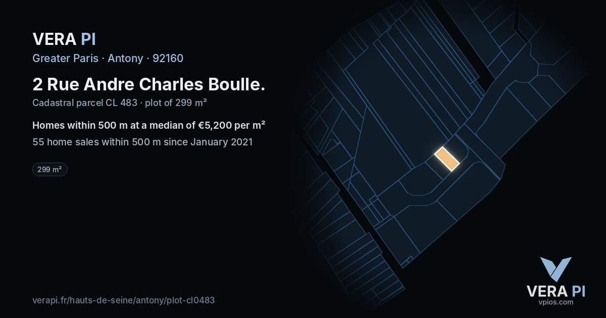 2 Rue Andre Charles Boulle, Antony at night – the plot lit, the parcels around coloured by the prices near them