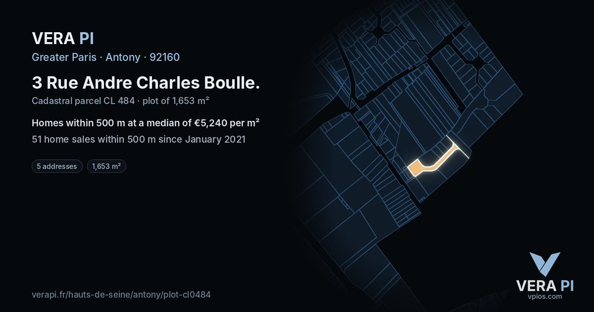 3 Rue Andre Charles Boulle, Antony at night – the plot lit, the parcels around coloured by the prices near them
