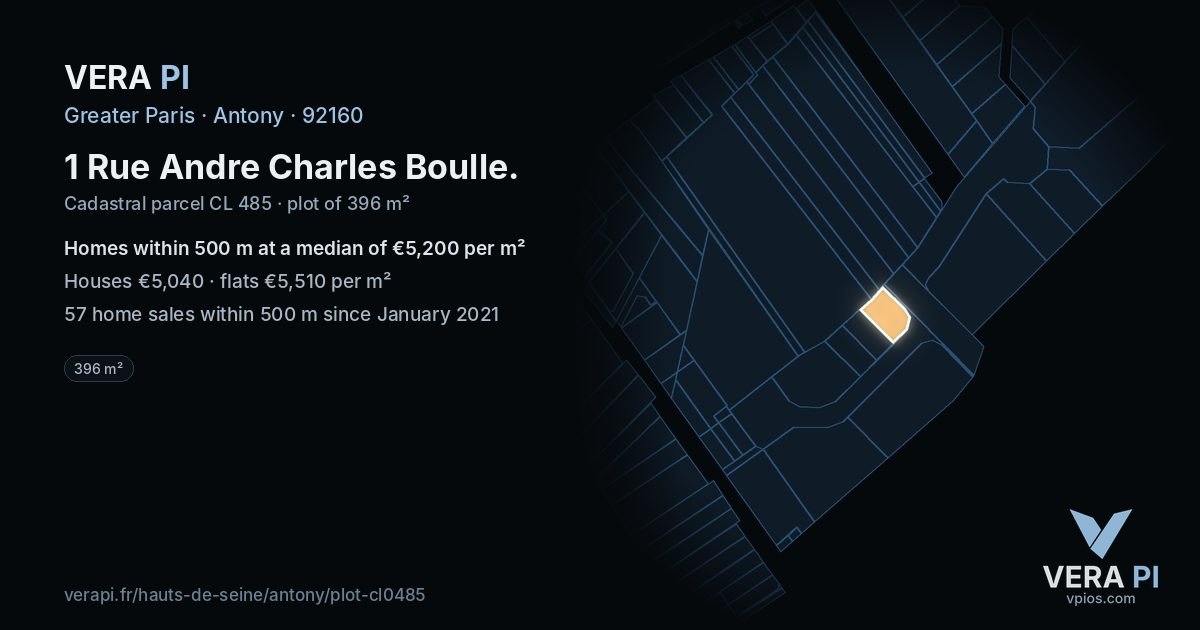 1 Rue Andre Charles Boulle, Antony at night – the plot lit, the parcels around coloured by the prices near them