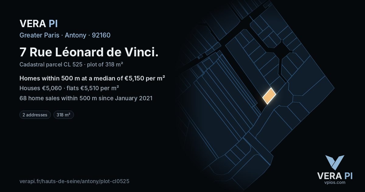 7 Rue Léonard de Vinci, Antony at night – the plot lit, the parcels around coloured by the prices near them