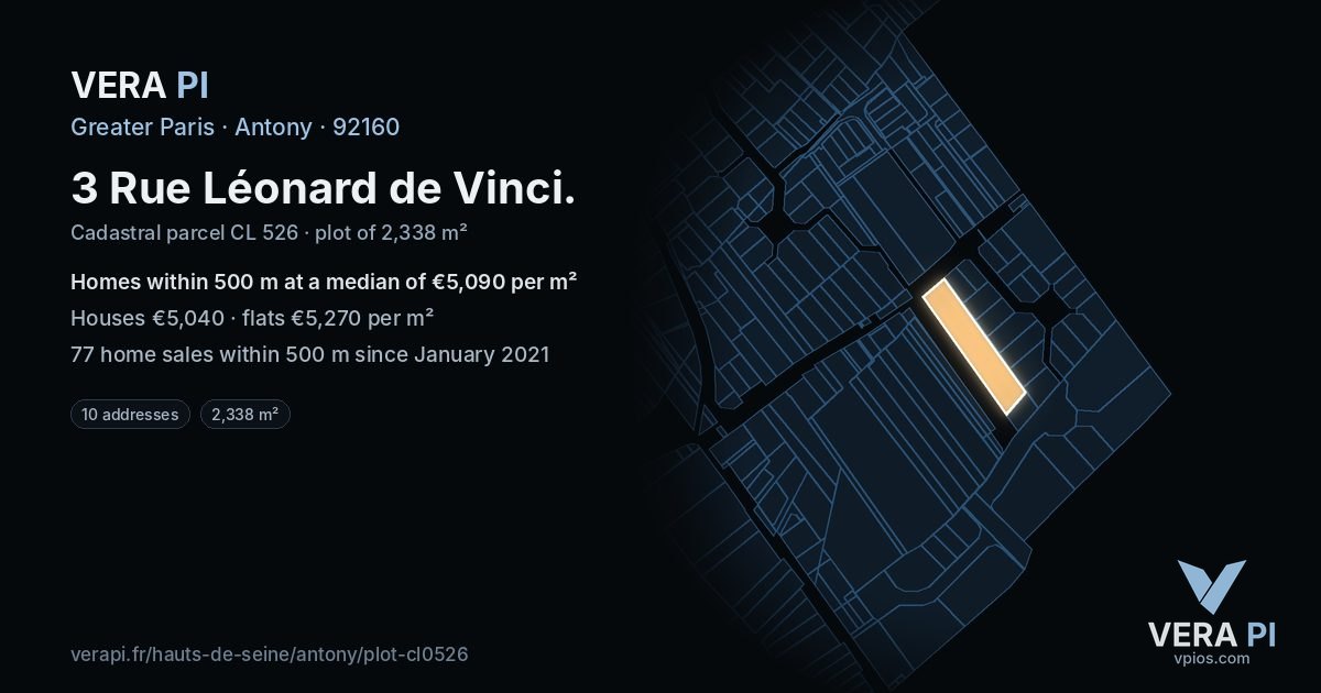 3 Rue Léonard de Vinci, Antony at night – the plot lit, the parcels around coloured by the prices near them