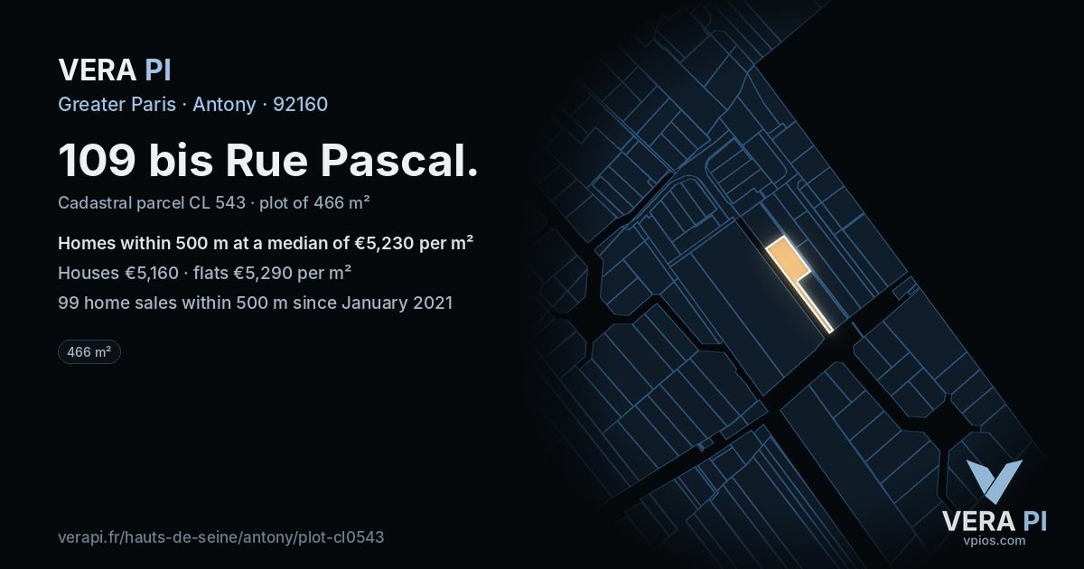 109 bis Rue Pascal, Antony at night – the plot lit, the parcels around coloured by the prices near them