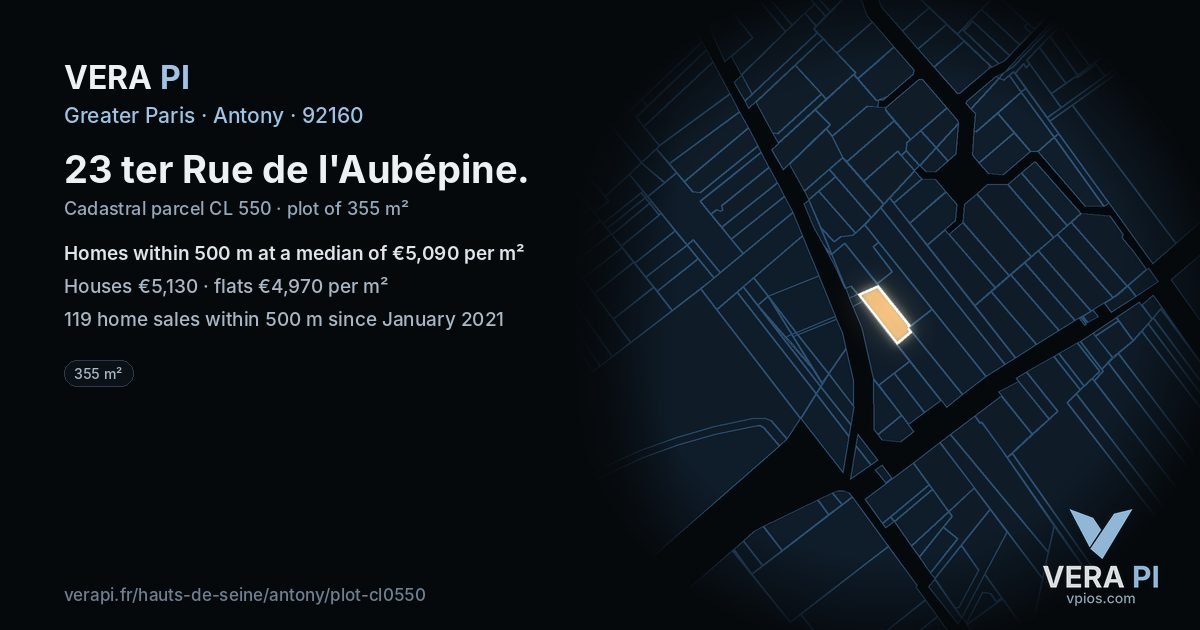 23 ter Rue de l'Aubépine, Antony at night – the plot lit, the parcels around coloured by the prices near them