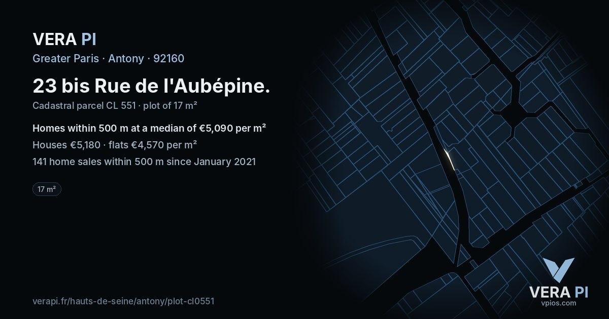 23 bis Rue de l'Aubépine, Antony at night – the plot lit, the parcels around coloured by the prices near them