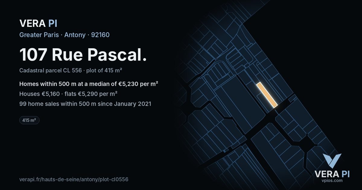 107 Rue Pascal, Antony at night – the plot lit, the parcels around coloured by the prices near them