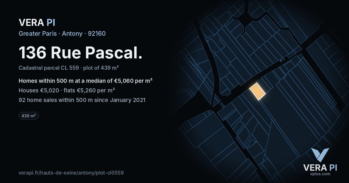 136 Rue Pascal, Antony at night – the plot lit, the parcels around coloured by the prices near them
