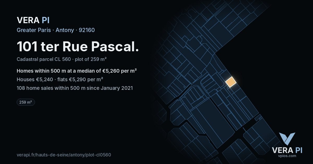 101 ter Rue Pascal, Antony at night – the plot lit, the parcels around coloured by the prices near them