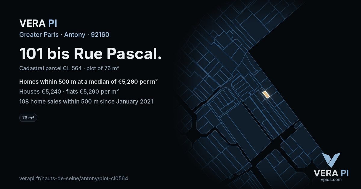 101 bis Rue Pascal, Antony at night – the plot lit, the parcels around coloured by the prices near them