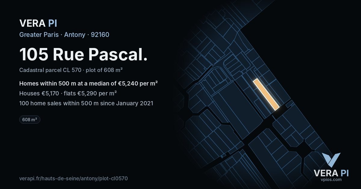 105 Rue Pascal, Antony at night – the plot lit, the parcels around coloured by the prices near them